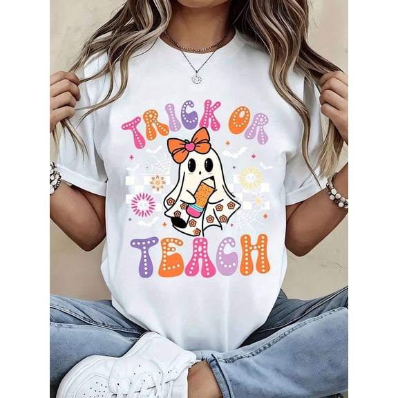Trick Or Teach Halloween Ghost Teacher Shirt Funny Candy Costume Tee For Women Teachers Day Gift Cute Print Top