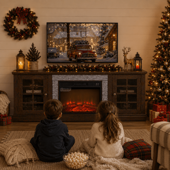PAPROOS 70" Fireplace TV Stand for TVs up to 75", Farmhouse Entertainment Center with 23" Electric Fireplace, Faux Stone Media Console with Glass Doors and Adjustable Shelves, Cherry