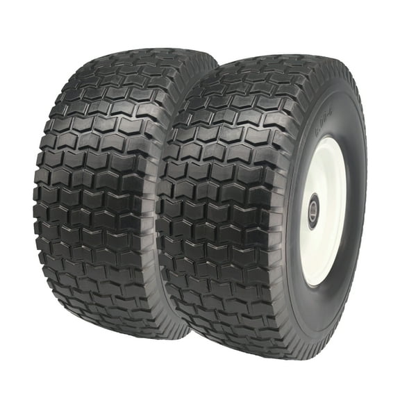Flat Free Lawn Mower Tires 15x6-6 with 3/4 & 5/8 Bearings, 3" Center Hub 15x6.00-6 Solid Wheel Flat Free Tires for Garden Tractor Lawnmower, Set of 2