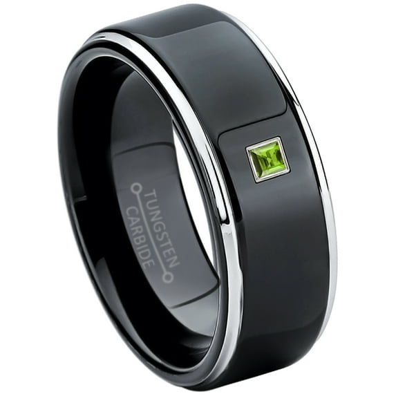 0.05ctw Princess Cut Peridot Tungsten Ring - 8MM Polished Black IP Stepped Edge Tungsten Carbide Wedding Band - August Birthstone Ring - 14kt White Gold Bezel - TN118PS-1PDs9