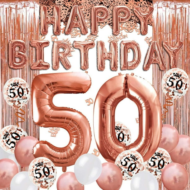 Decoración 50 cumpleaños oro rosa, cartel de feliz cumpleaños, globo de helio números 50 XXL, cortina con flecos de oro rosa, confeti de látex, decoración de números, confeti, niña y mujer