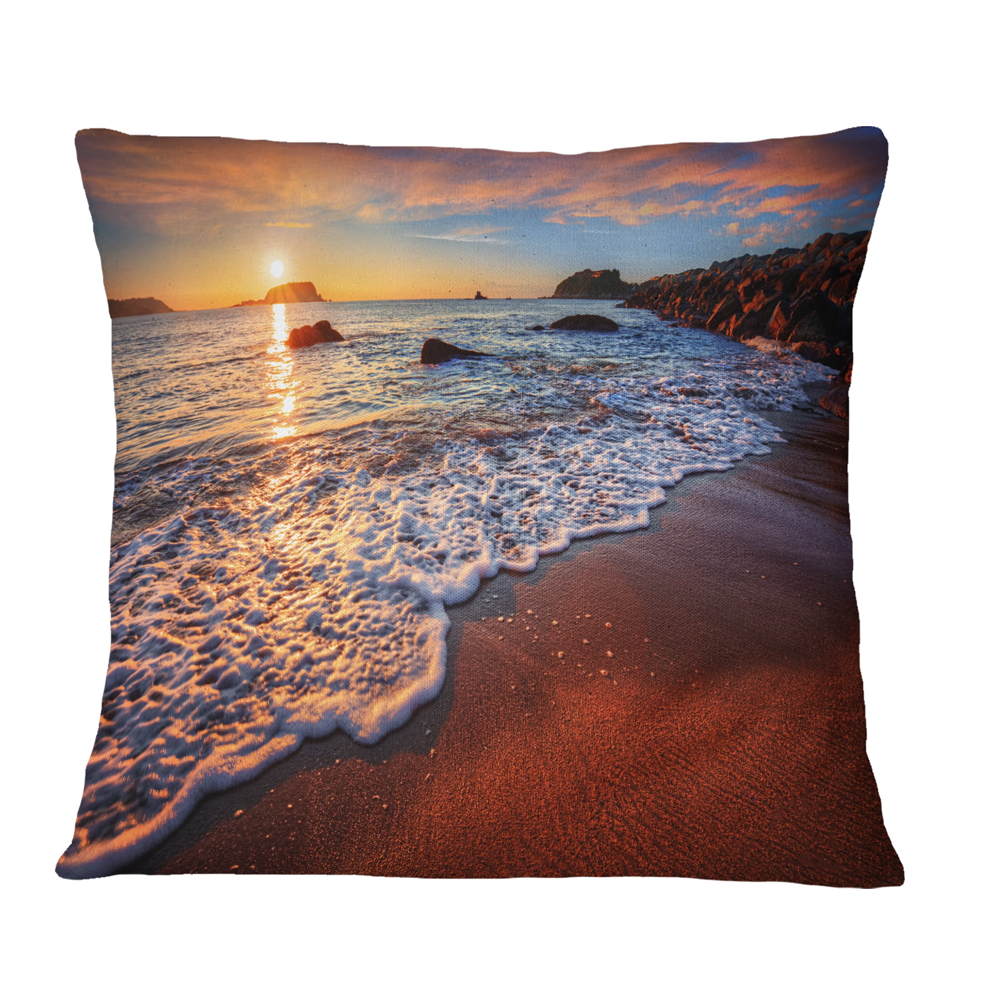 Designart Stunning Ocean Beach at Sunset - Seashore Throw Pillow - 16x16