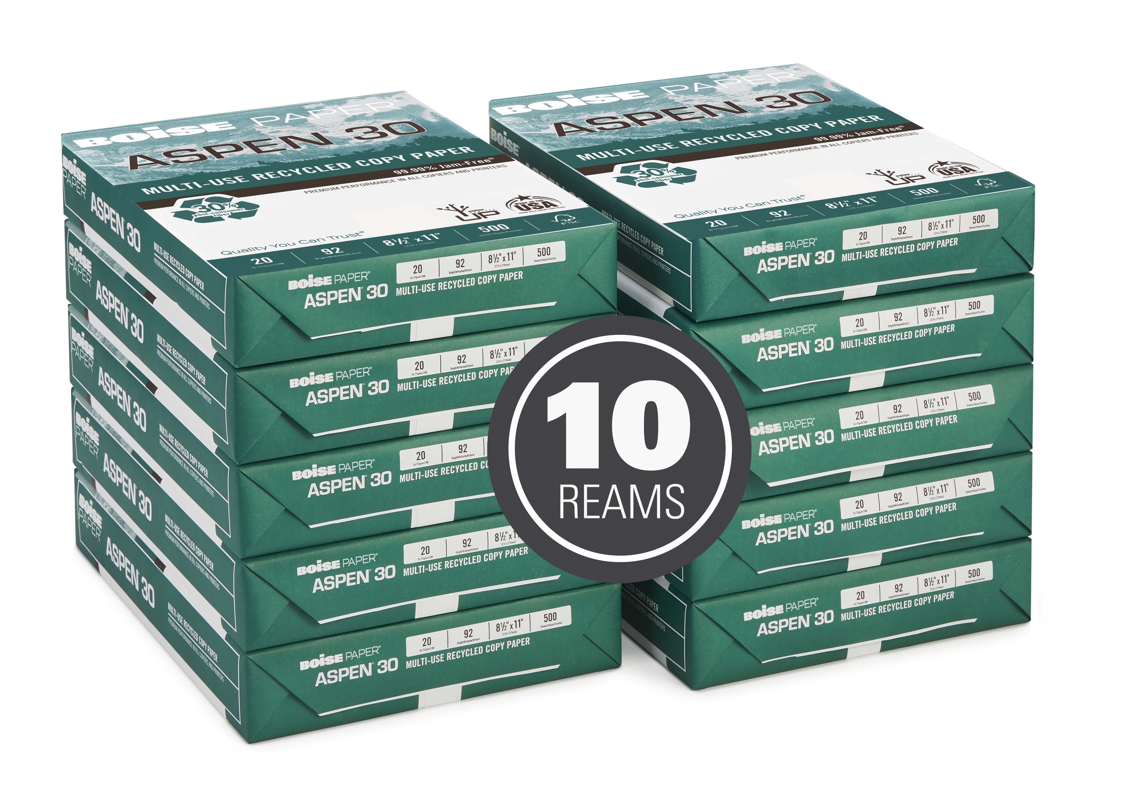 BOISE ASPEN 30% Recycled Multi-Use Copy Paper, 8.5" x 11" Letter, 92 Bright White, 20 lb., 10 Ream Carton (5,000 Sheets)
