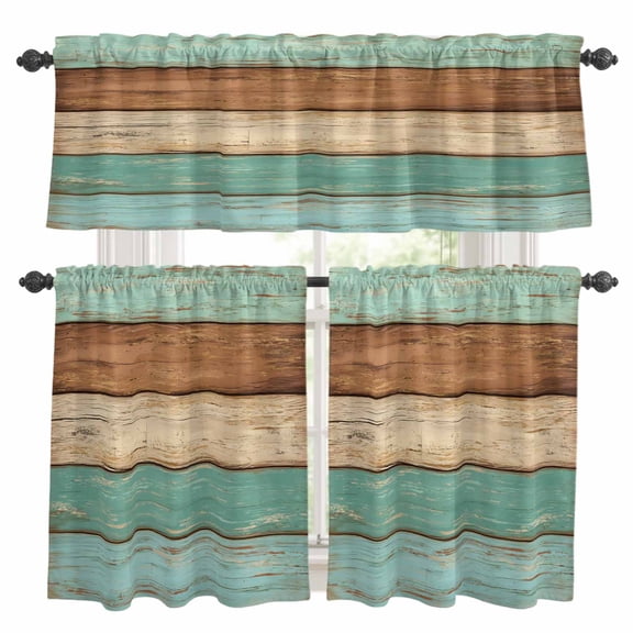 Farmhouse Teal Blue Brown Kitchen Curtains Sets for Windows 24 Inch Length, Vintage Wooden Striped Rod Pocket Window Treatments Tier Curtains and Valances Set for Bedroom/Bathroom