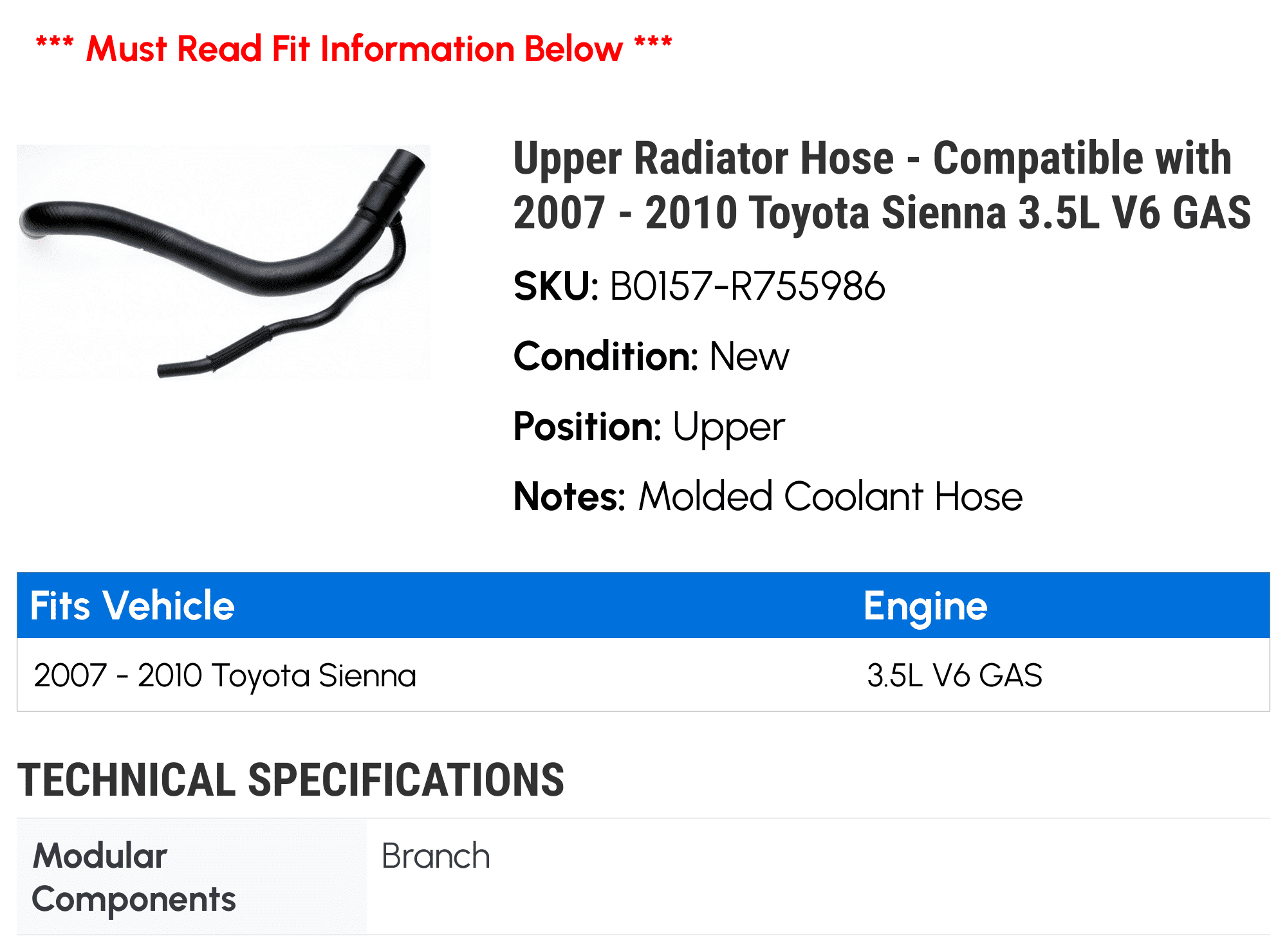 Upper Radiator Hose - Compatible with 2007 - 2010 Toyota Sienna 3.5L V6 GAS 2008 2009
