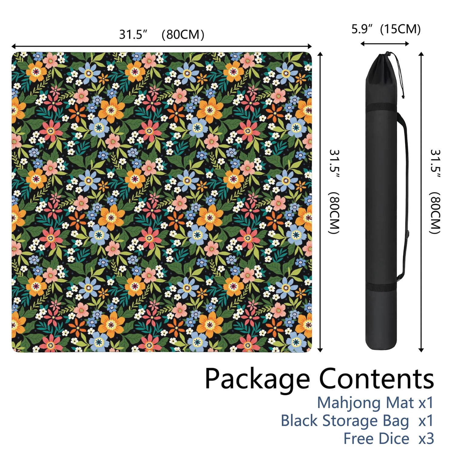 Traditional Floral Print Rubber Game Table Cover 31.5 Inch Square Extra Large Mahjong Mat Quiet Design Anti-Slip Grip for Tiles & Family Nights