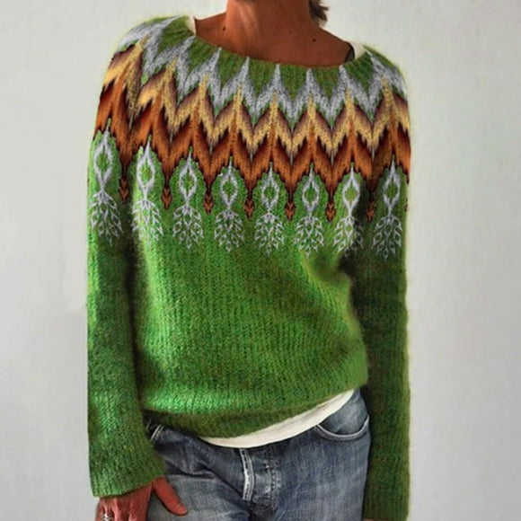 Frostluinai Fair Isle Sweaters for Women Long Sleeve Vintage Knit Pullover Crew Neck Casual Sweaters Color Block Holiday Sweaters Womens Sweaters