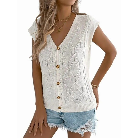 Women'S Short Sleeve Button Down Cardigan Sweater V Neck Cable Knit Shrug Vest White S