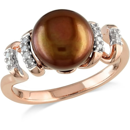 9-9.5mm Chocolate Cultured Freshwater Pearl and Diamond-Accent Pink Rhodium-Plated Sterling Silver Swirl Ring