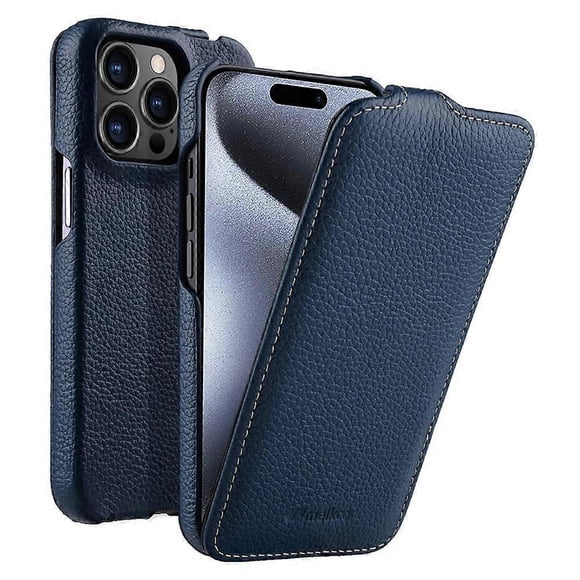 MELKCO For iPhone 15 Pro Case Litchi Texture Vertical Flip Genuine Cow Leather PC Cover