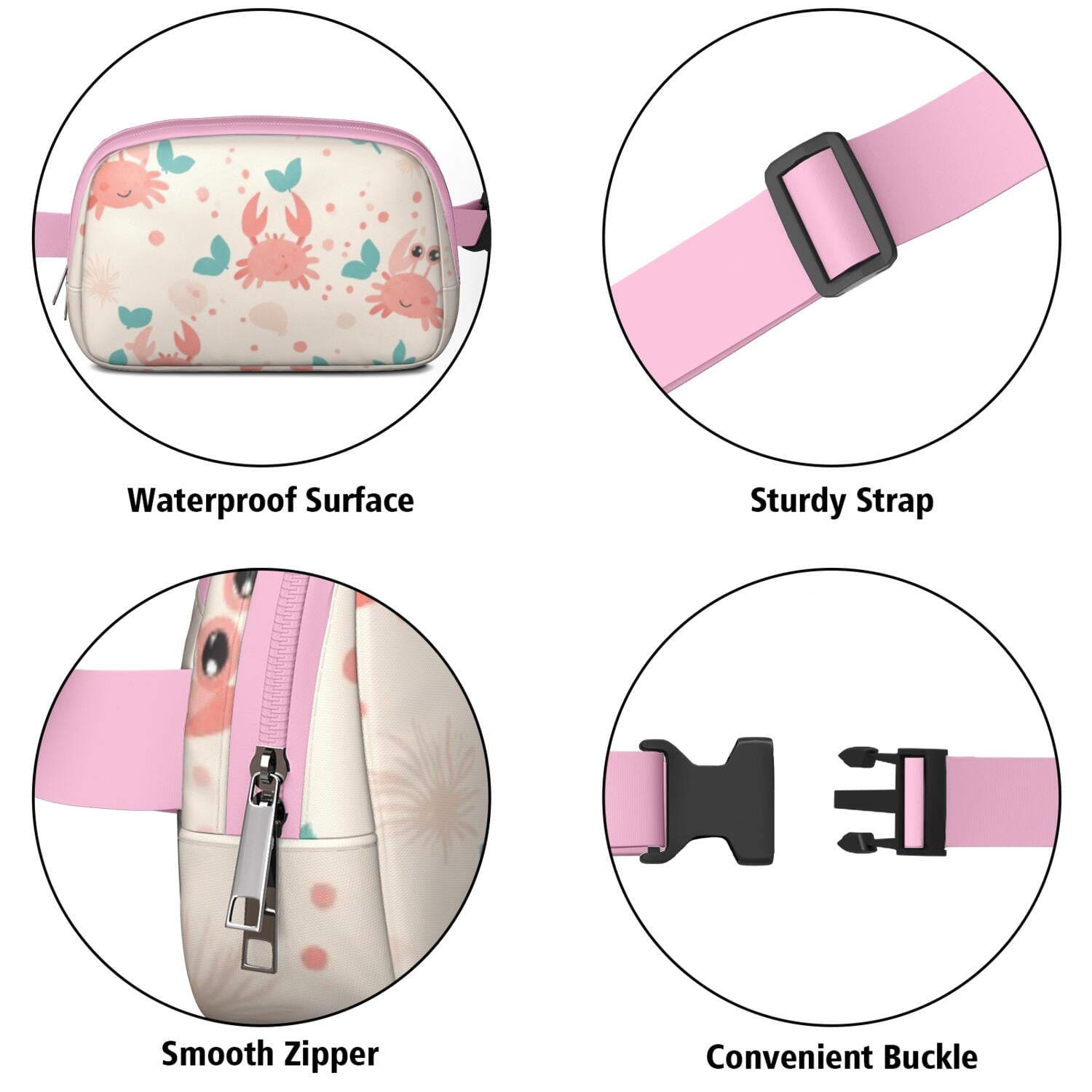 Crossbody Belt Bag Marine Adorable Crab Belt Bag Sporty Waist Pack for Women Casual Waist Packs with Adjustable Strap Waterproof Belt Bag for Daily Leisure Music Festival/Event