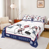 jejeloiu Hockey Sport Lovers Queen Sheet Sets,Boys Ball Game Flat Sheet,White Blue Queen Fitted Sheet For Girls Boys,Ultra Soft Home Decor,4 Pieces