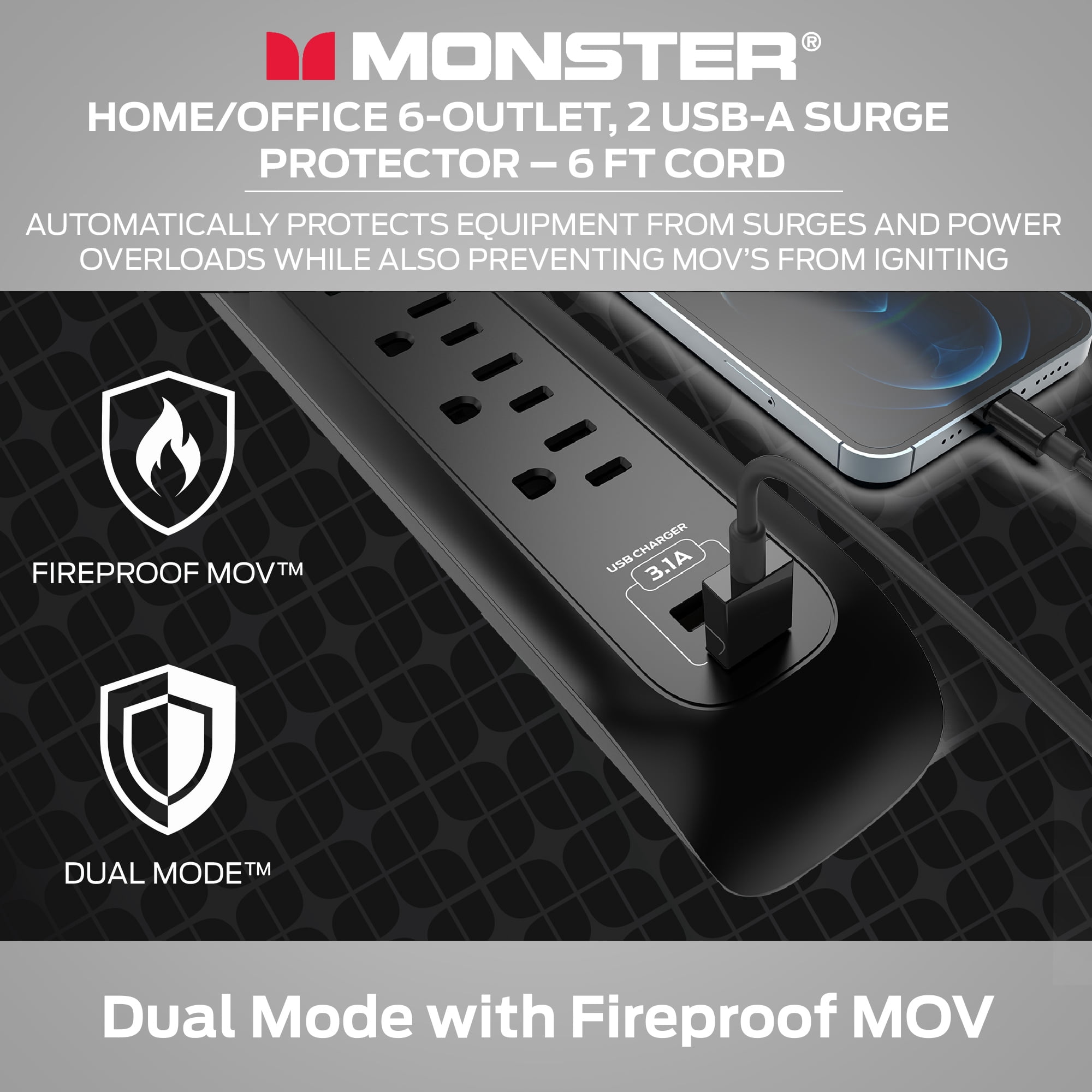 Monster 6ft Black Power Strip and Tower Surge Protector, Heavy Duty Protection for with 1200 Joule Rating, 6 120V-Outlets, and 2 USB-A Ports- Ideal for Computers, Home Theatre, Home Appliances,