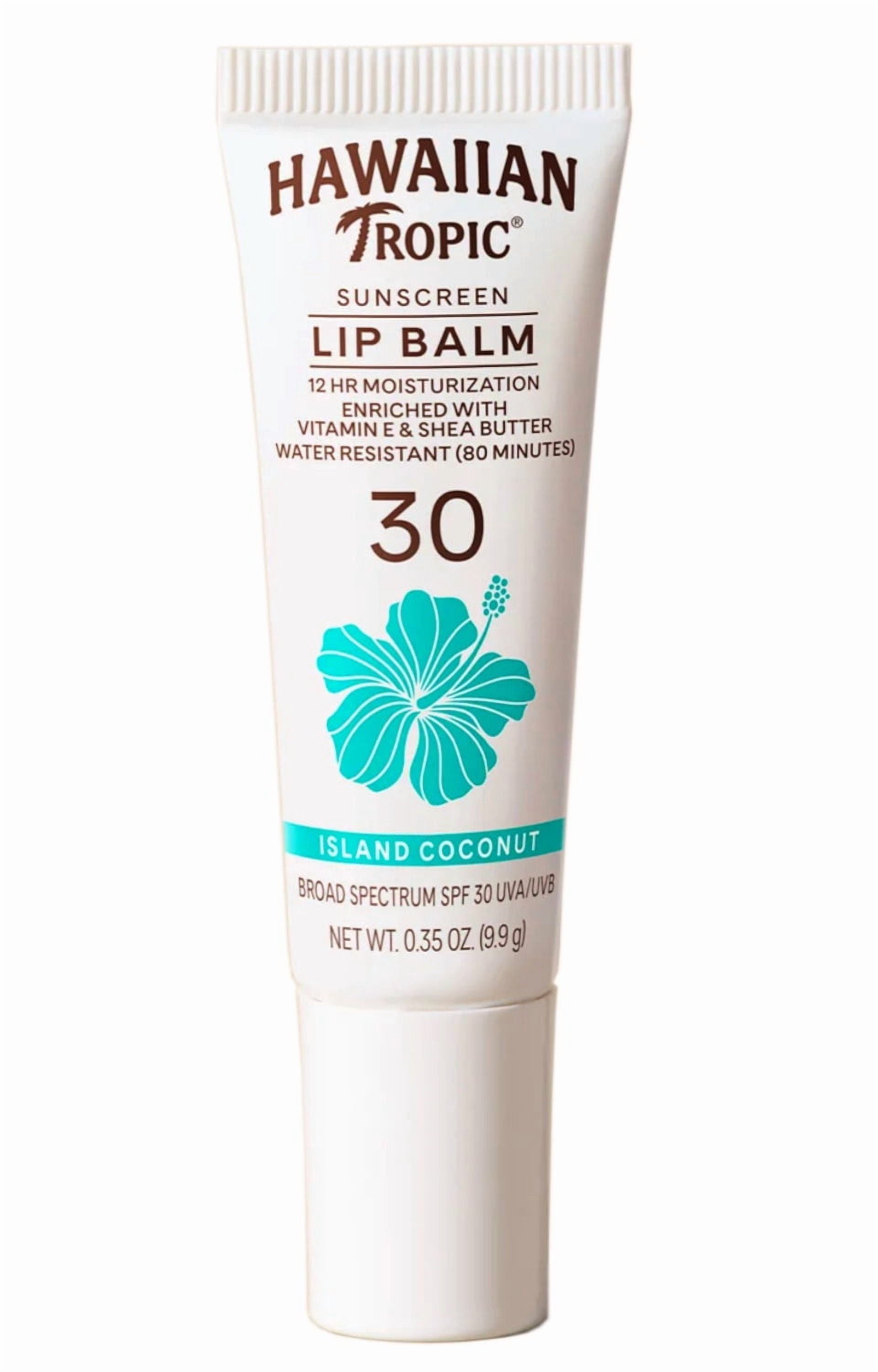 4 Pack - Hawaiian Tropic Sunscreen Lip Balm with Vitamin E & Shea Butter, Water Resistant 80 Minutes, SPF 30, Island Coconut, 0.35 OZ