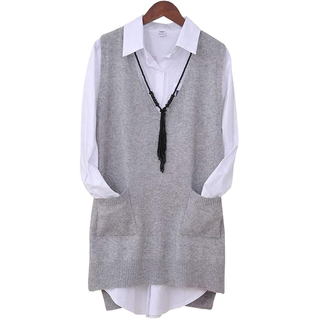 Suéter sin mangas con cuello en V para mujer, chaleco de punto, cárdigan, prendas de vestir, tops altos y bajos con bolsillo