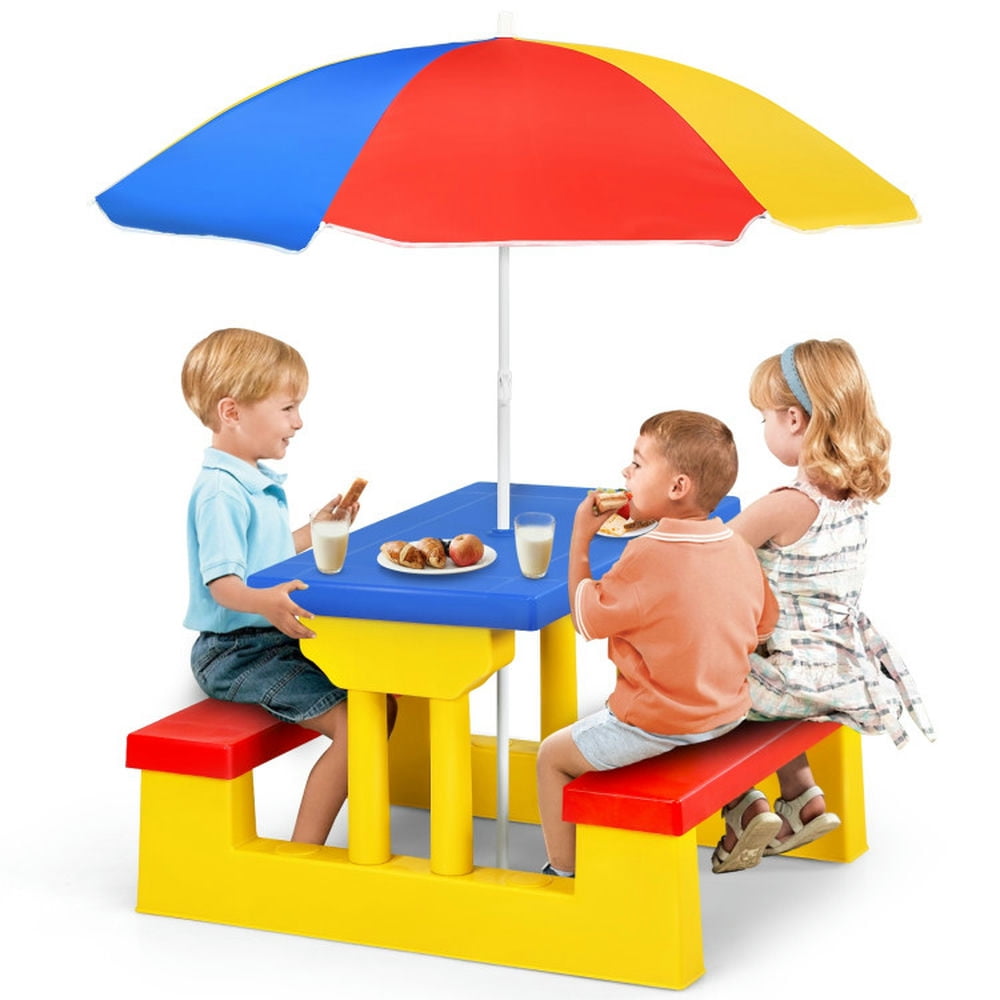 Spaco Kids Picnic Folding Table and Bench with Umbrella-Yellow, Toddler Table and Chair Set for Arts & Crafts, Snack Time, Homeschooling, Homework