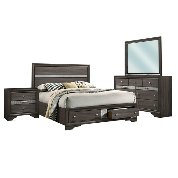 Benjara Isy Four Piece King Size Bedroom Set, Silver Accent Knobs, Contemporary Gray
