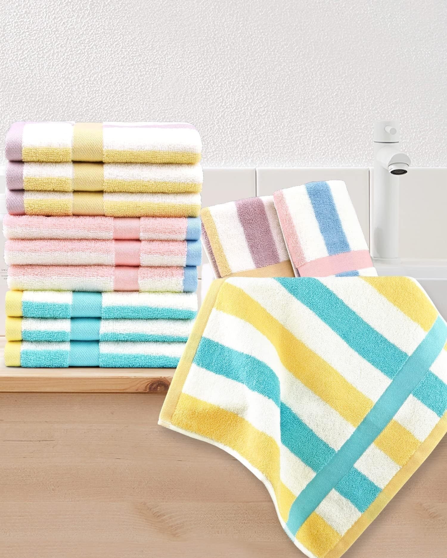 Cotton 12 Pack Striped Washcloths, 13 x 13 Inches, 3 Colors - Face and Body Cleansing Towels