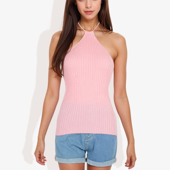 Women's Halter Neck Knit Tank Top with Ribbed Design and Stretchy Fit for Casual Summer Wear- Large, Pink