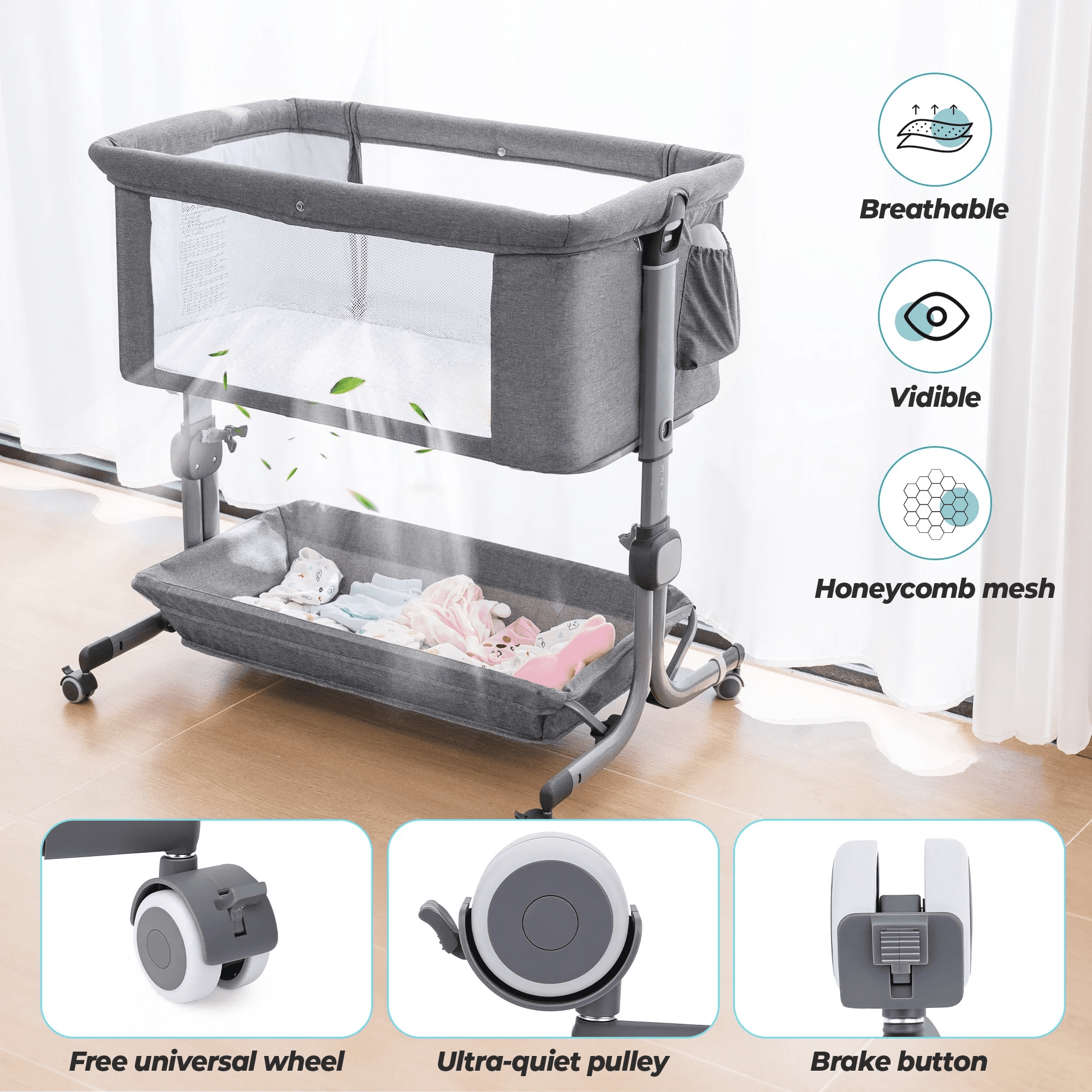 Minikid Portable Baby Bedside Sleeper Bassinet with Waterproof Mattress Pad for Infant Newborn up to 12 Month