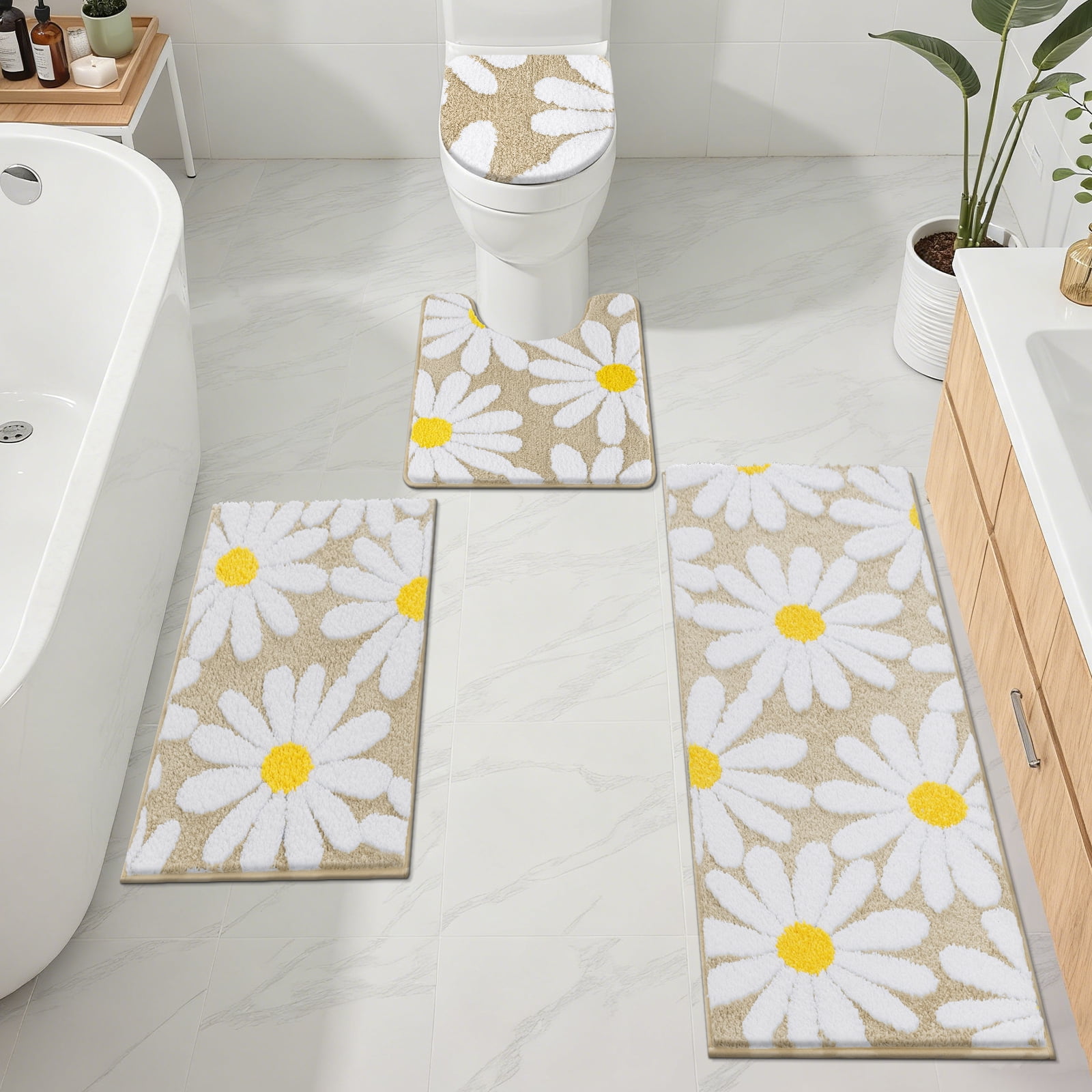 Bathroom Rugs Sets 4 Piece with Toilet Lid Cover, Non Slip Bathroom Mats Extra Soft Chenille Bath Rugs Absorbent Shaggy Rugs Perfect Plush Mats U-Shaped Toilet Rug and Toilet Cover Kitchen