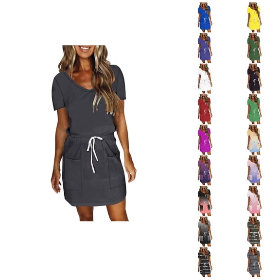 Ahuyic Womens Summer Casual Dress,Womens Plus Size Dress,Womens Solid Color Short Sleeve-Neck Mid-Calf Dress,Light Blue,XL