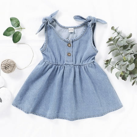 

Infant Kids Baby Girls Fashion Straped Sleeveless Buttons Dress Solid Color Denim Dresses Skirt