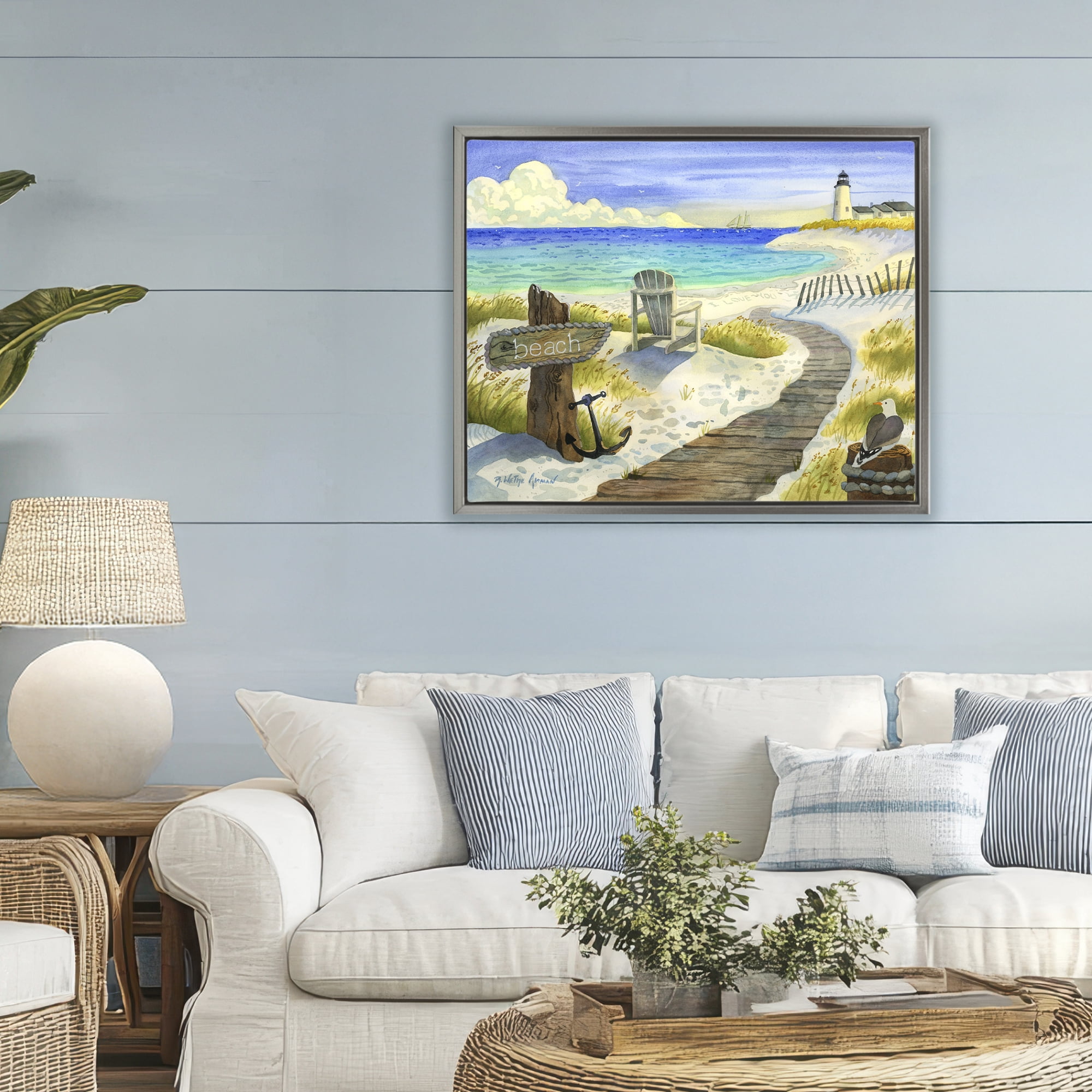 Stupell Industries Boardwalk To The Lighthouse Gray Framed Floater Canvas Wall Art, design by Robin Altman