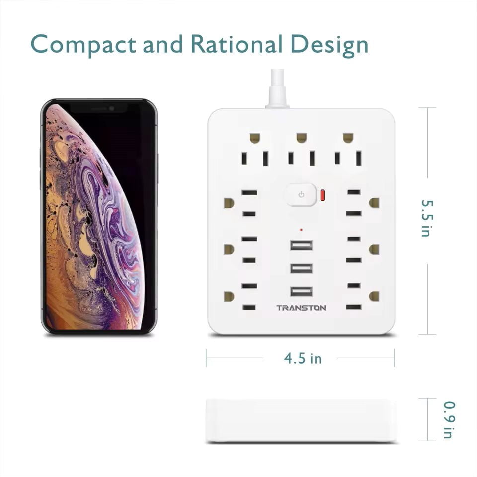 Power Outlet with Surge Protector, 9 sockets 3 USB Ports,5ft Extension Cord, Quick Charge, For Home and Office,White
