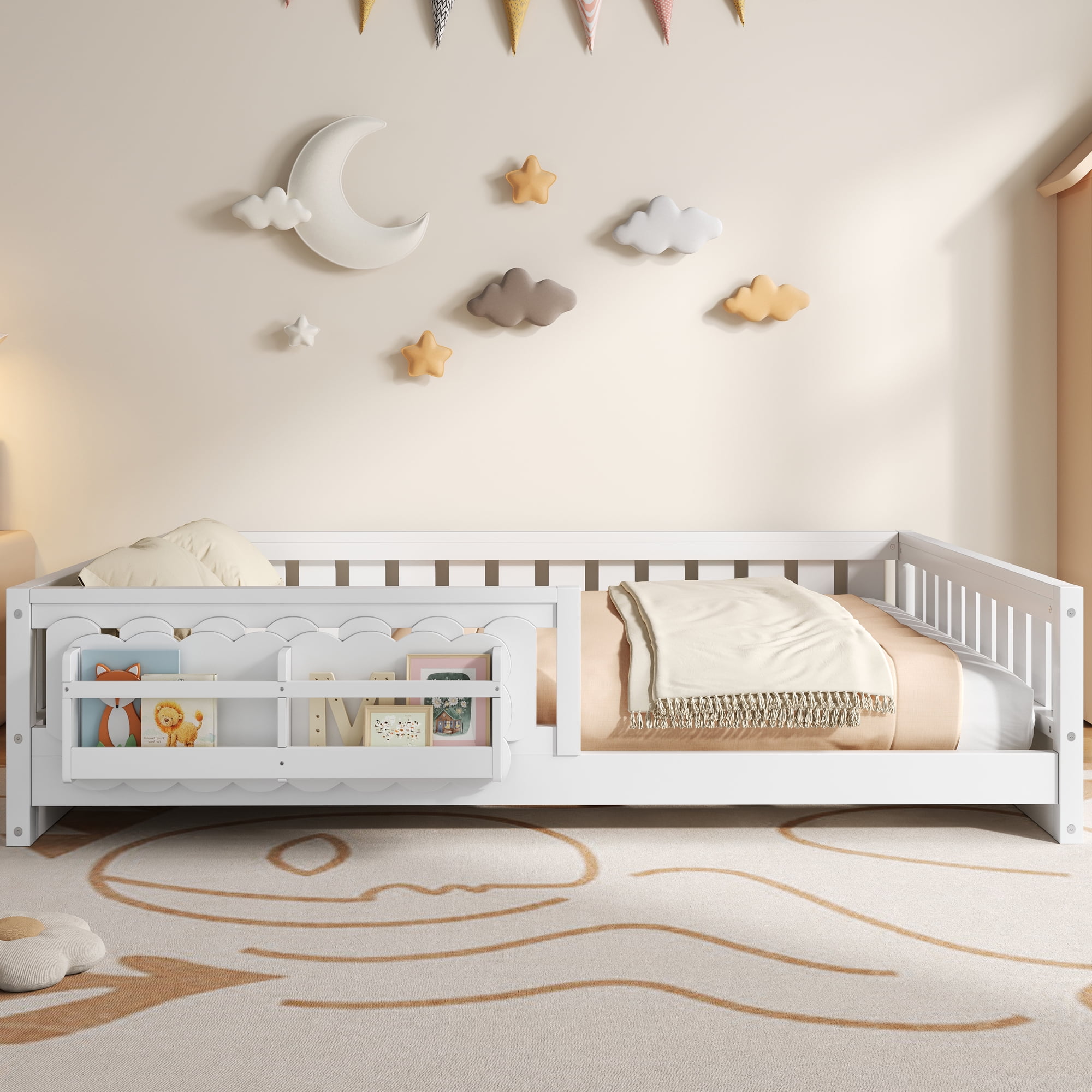 Euroco Wood Full Size Platform Bed with Shelves, Floor Bed with Guardrails, White