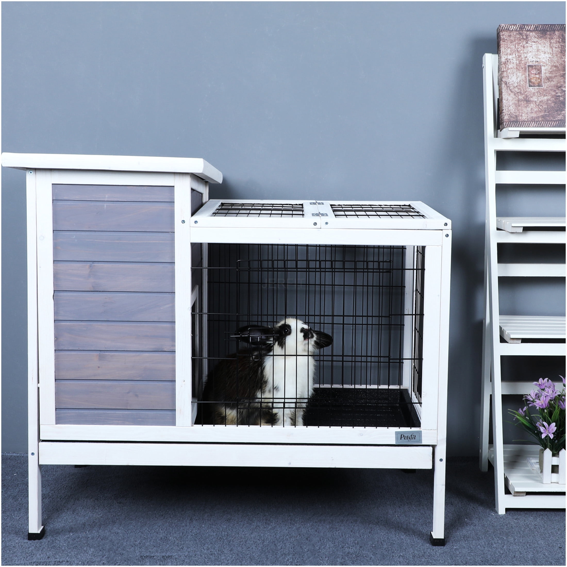JERFIT 2-Story Outdoor Rabbit Hutch with Waterproof Roof & Leak-Proof Tray, Spacious Wooden Cage for Rabbits, Guinea Pigs, Ferrets, Grey