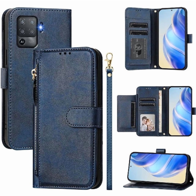 Étui à Rabat pour OPPO Reno 5F avec Poche Zippée, Portefeuille Magnétique à Rabat avec 7 Emplacements pour Cartes et Dragonne