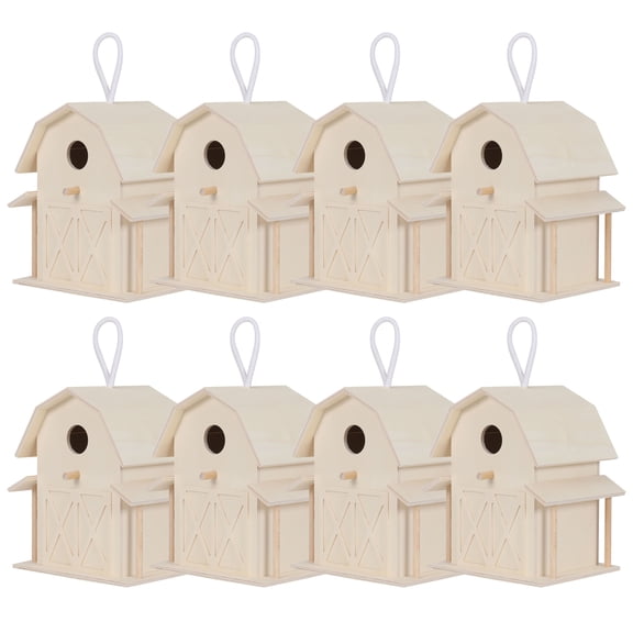 Wood Barn Birdhouse by Make Market – Unfinished 8" Hanging Birdhouse with Classic Barn Door Design - Indoor DIY Craft Decor - 8 Pack