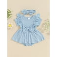 thumbnail image 2 of FEORJGP Infant Baby Girl Romper Dress 0 3M 6M 9M 12M 18M Newborn Short Sleeve Jumpsuit Solid Color Ribbed Ruffled Round Neck Bodysuit Dress with Bow Her Solid Cute Daily Clothes for Vacation, 2 of 8