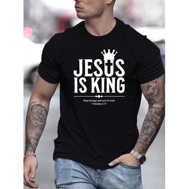 Men's Summer Fashion Jesus Is King Printed Short Sleeve T-Shirt, Casual Crew Neck, Regular Fit, Non-Transparent