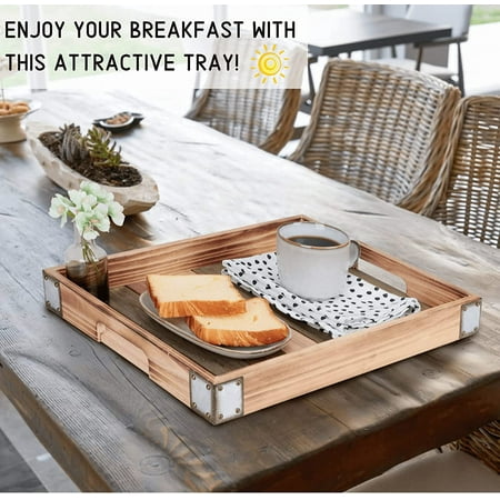 Wood Rustic Decorative Serving Tray With Metal Corner Farmhouse Coffee Table Rectangular Ottoman Bar For Kitchen Living Room Decor 17x13 Inches Canada Wood Rustic Decorative Serving Tray, Rustic Couch Table Tray