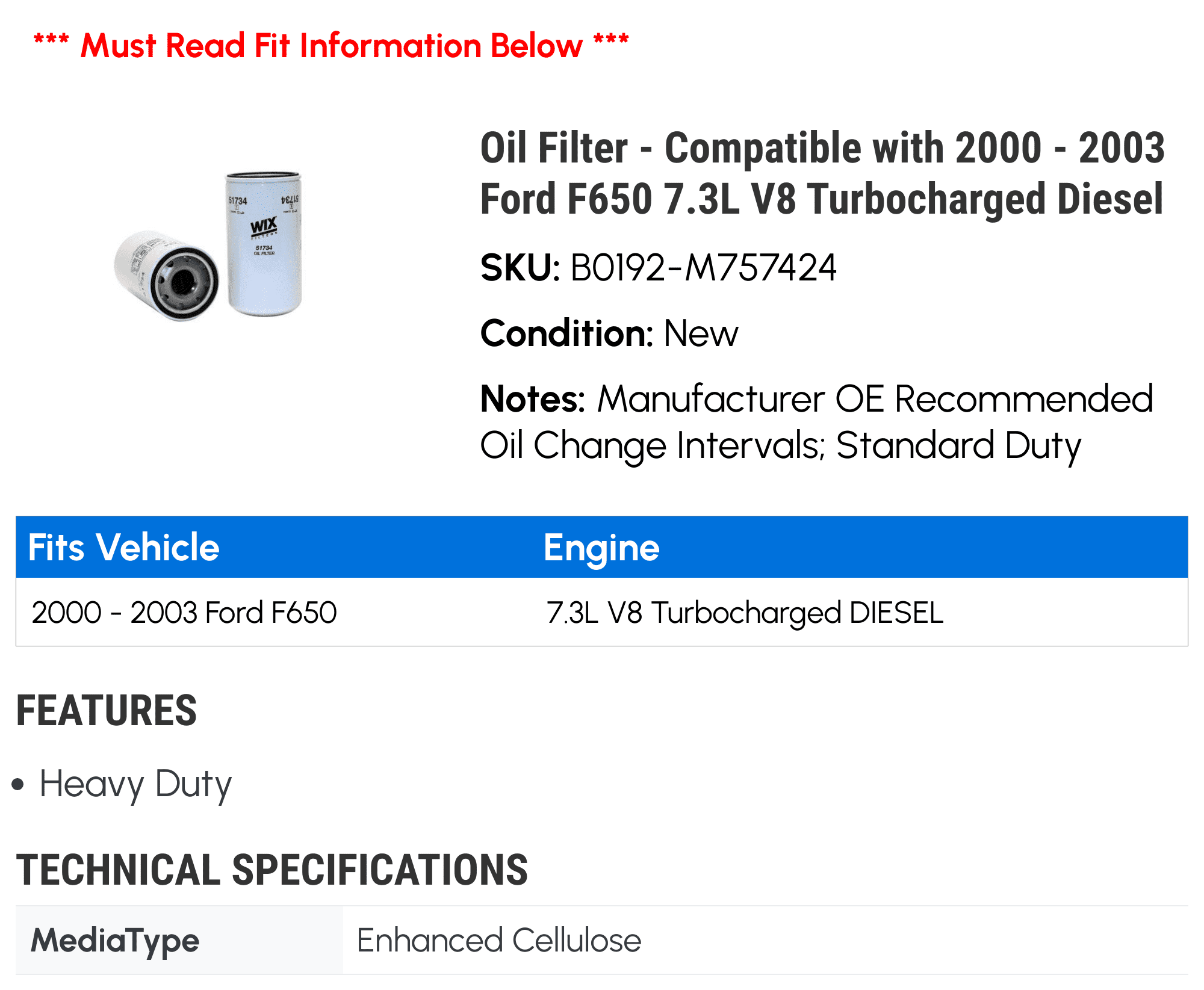 Oil Filter - Compatible with 2000 - 2003 Ford F650 7.3L V8 Turbocharged Diesel 2001 2002