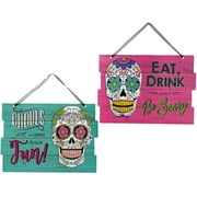 S/2 Skull Halloween Day of The Dead Decor Wall Door Colorful Hanging 13" x 9"
