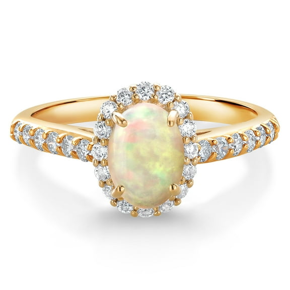 Gem Stone King 10K Yellow Gold White Ethiopian Opal and White Lab Grown Diamond Halo Engagement Ring for Women (0.82 Cttw, Gemstone, Oval Cabochon 7X5MM)