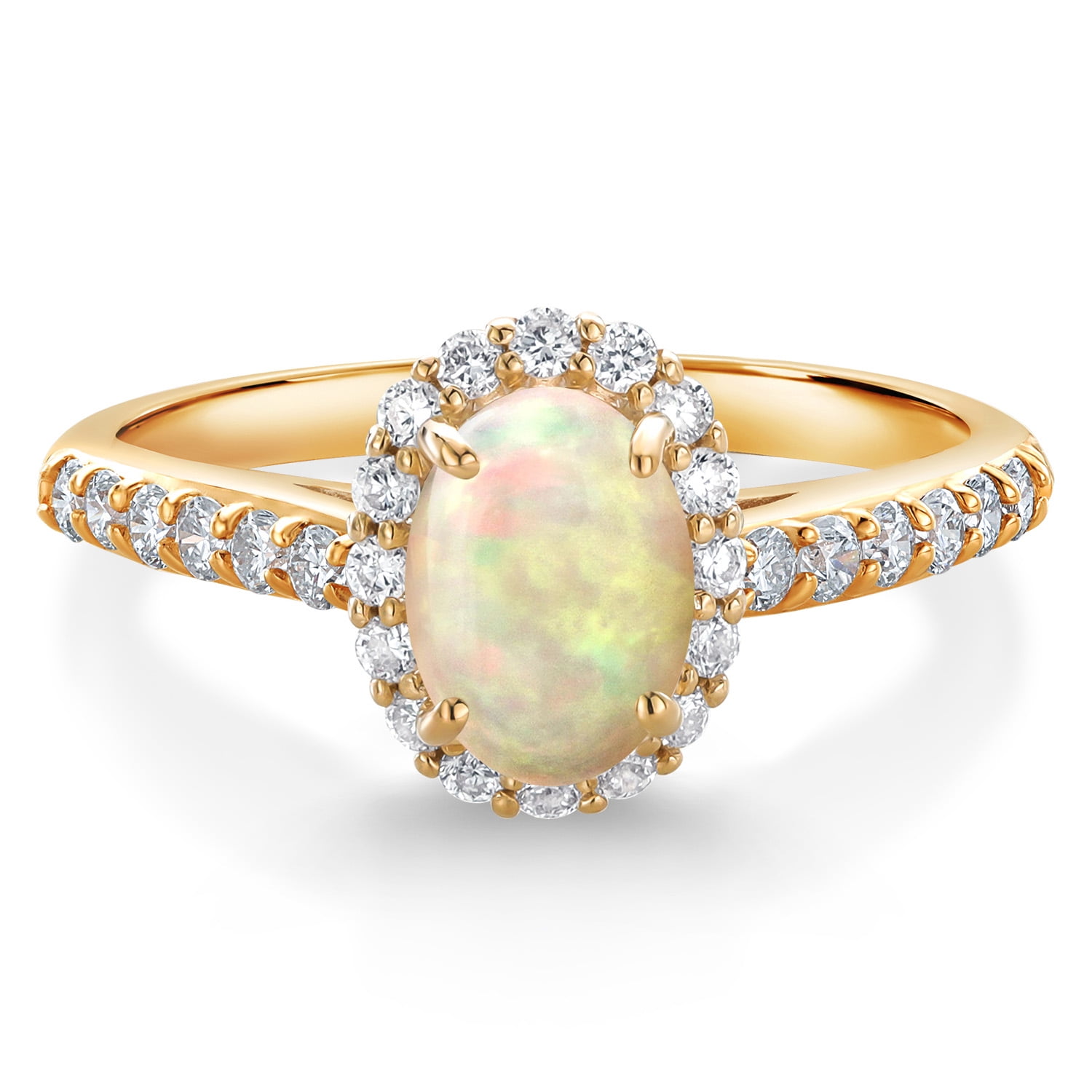 Gem Stone King 10K Yellow Gold White Ethiopian Opal and White Lab Grown Diamond Halo Engagement Ring for Women (0.82 Cttw, Gemstone, Oval Cabochon 7X5MM)