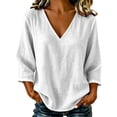 thumbnail image 2 of Womens Summer Casual Imitation Cotton And Linen Tunic Blouse 3/4 Sleeve V Neck Peasant Shirts Beach Vacation Tees | CSEONE,White L, 2 of 5