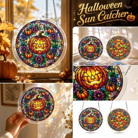 Kiddiway Halloween Hanging Acrylic Pumpkin Suncatcher - Flat Puzzle Window Decor for Party Favors Home Garden Porch,A