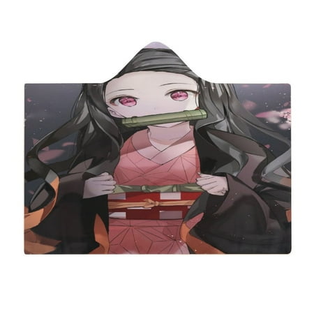 Demon Slayer Nezuko Blanket Wearable Cartoon Cosplay Hoodie Throw Blanket Hooded Cloak Flannel Fleece Shawl Wrap Nap Quilt