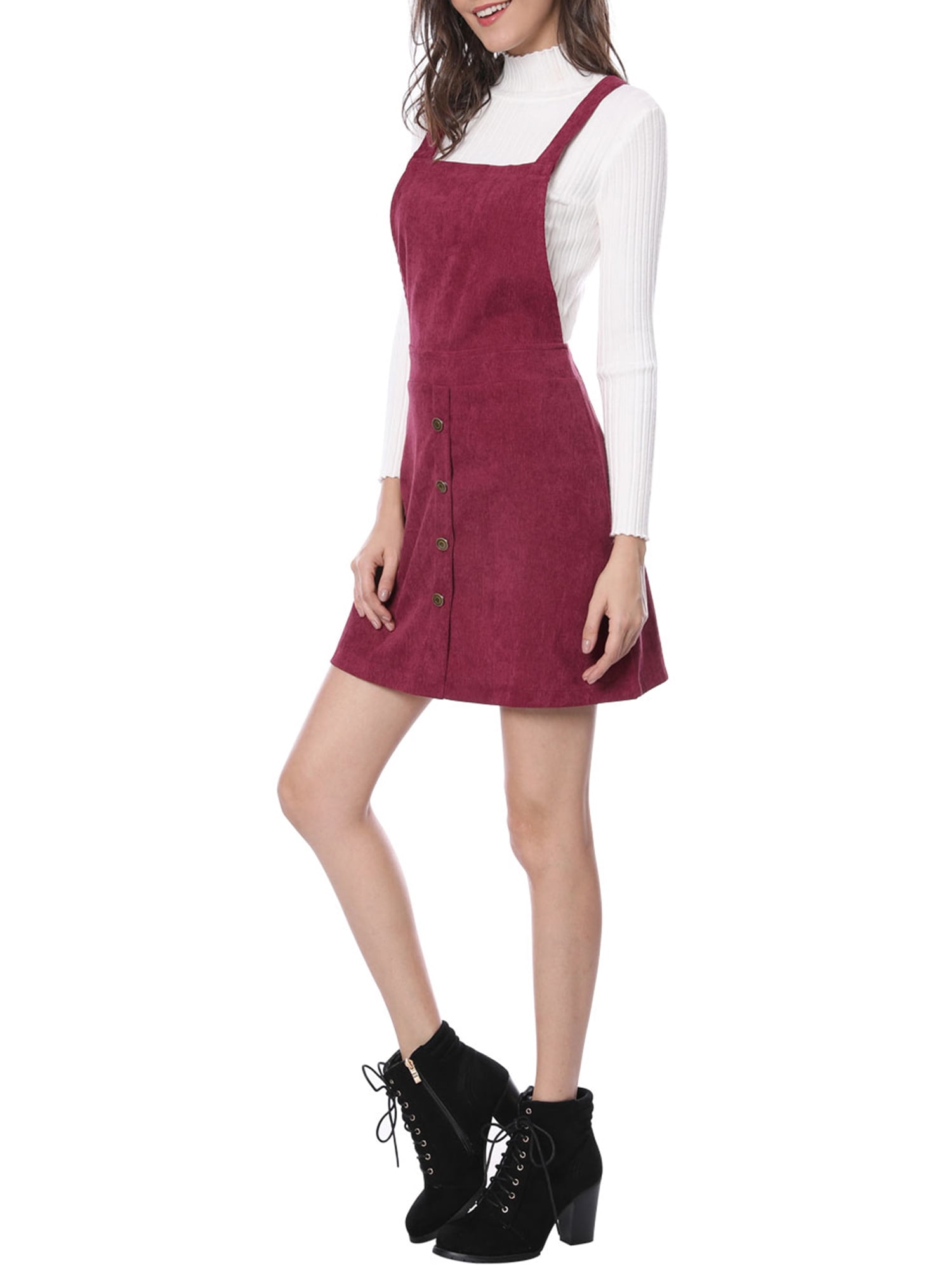 DARING DIVA Women's Corduroy Button Front A-Line Bib Overall Pinafore Dress M Burgundy
