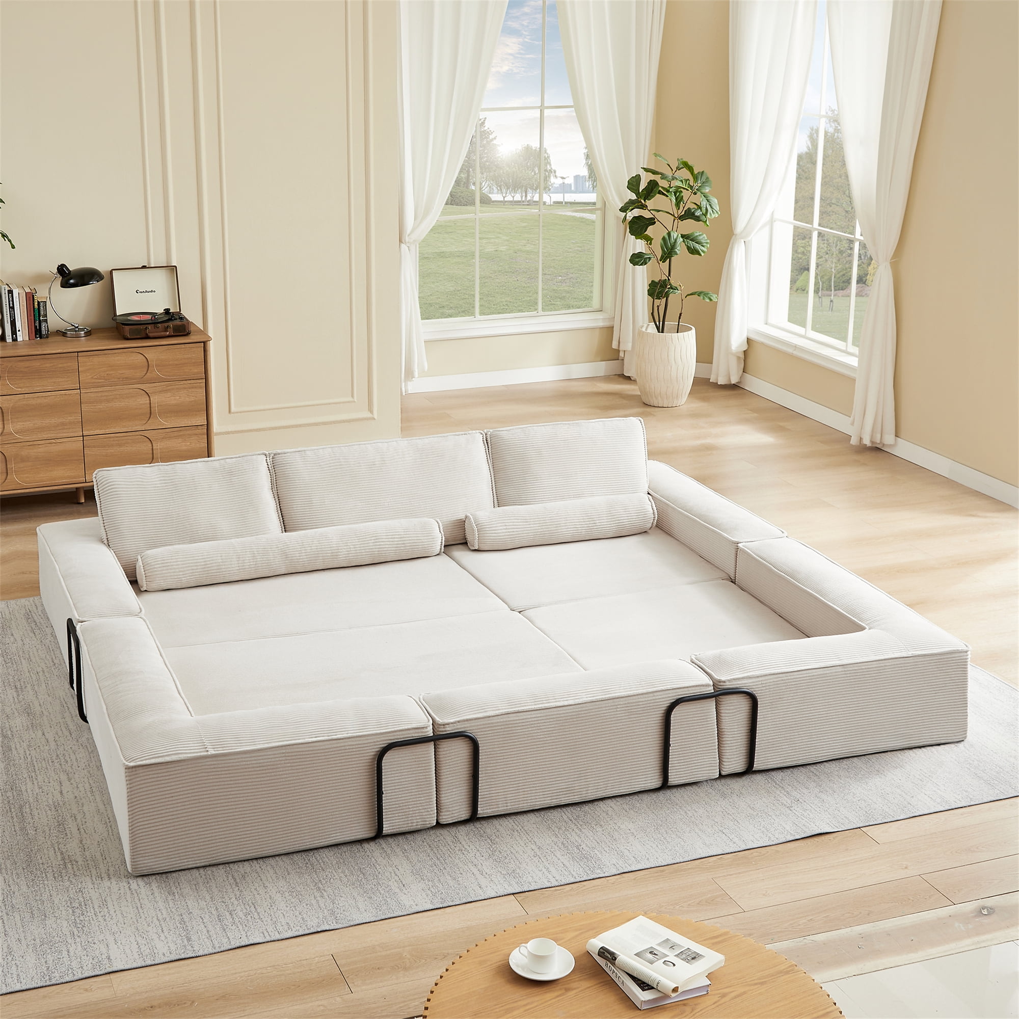 Aukfa 109" Oversized Convertible Sofa Bed Futon with Fixed Frame, Folding Pull Out Modular Boneless Sofa for Living Room, Corduroy, Beige