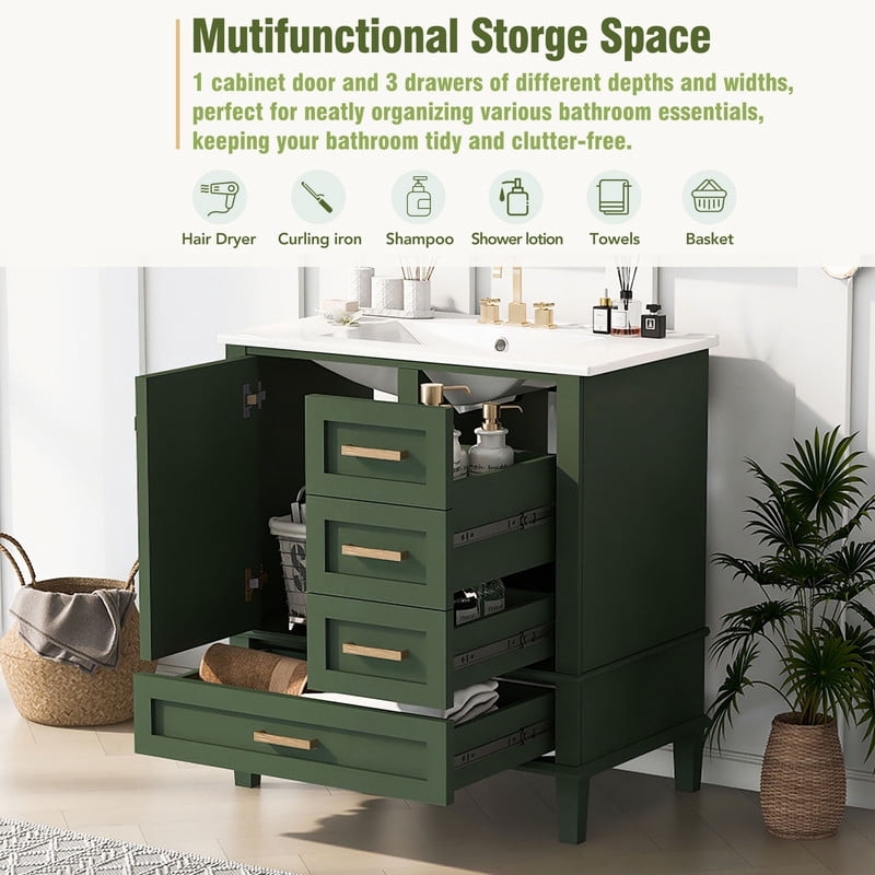 30" bathroom vanity with sink, Bathroom Vanities 30 Inch with Top, Single Sink Bathroom Vanity with 3 Drawers and 1 Soft Closing Door, 30 Restroom Vanity with Cuntertop Sink (Green)