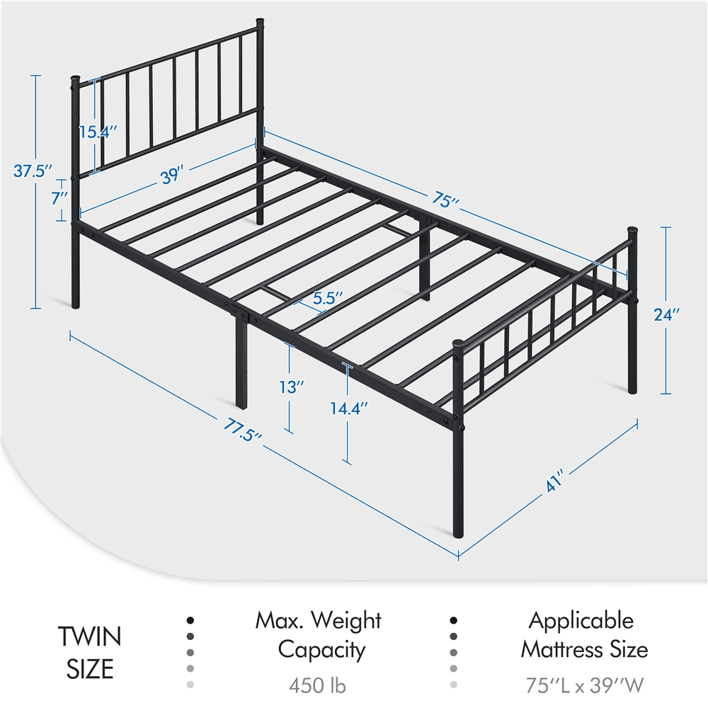 Renwick Metal Platform Bed with Spindle Headboard and Footboard, Adult, Twin Size, Black