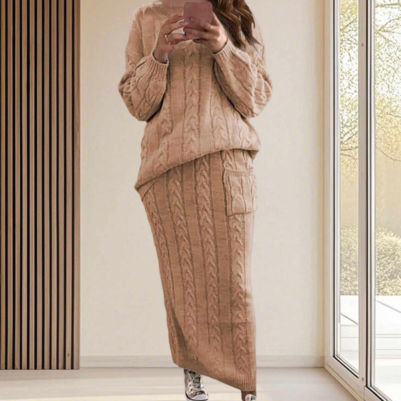 Women's Winter Cable Knit Sweater and Long Skirt Two-Piece Set