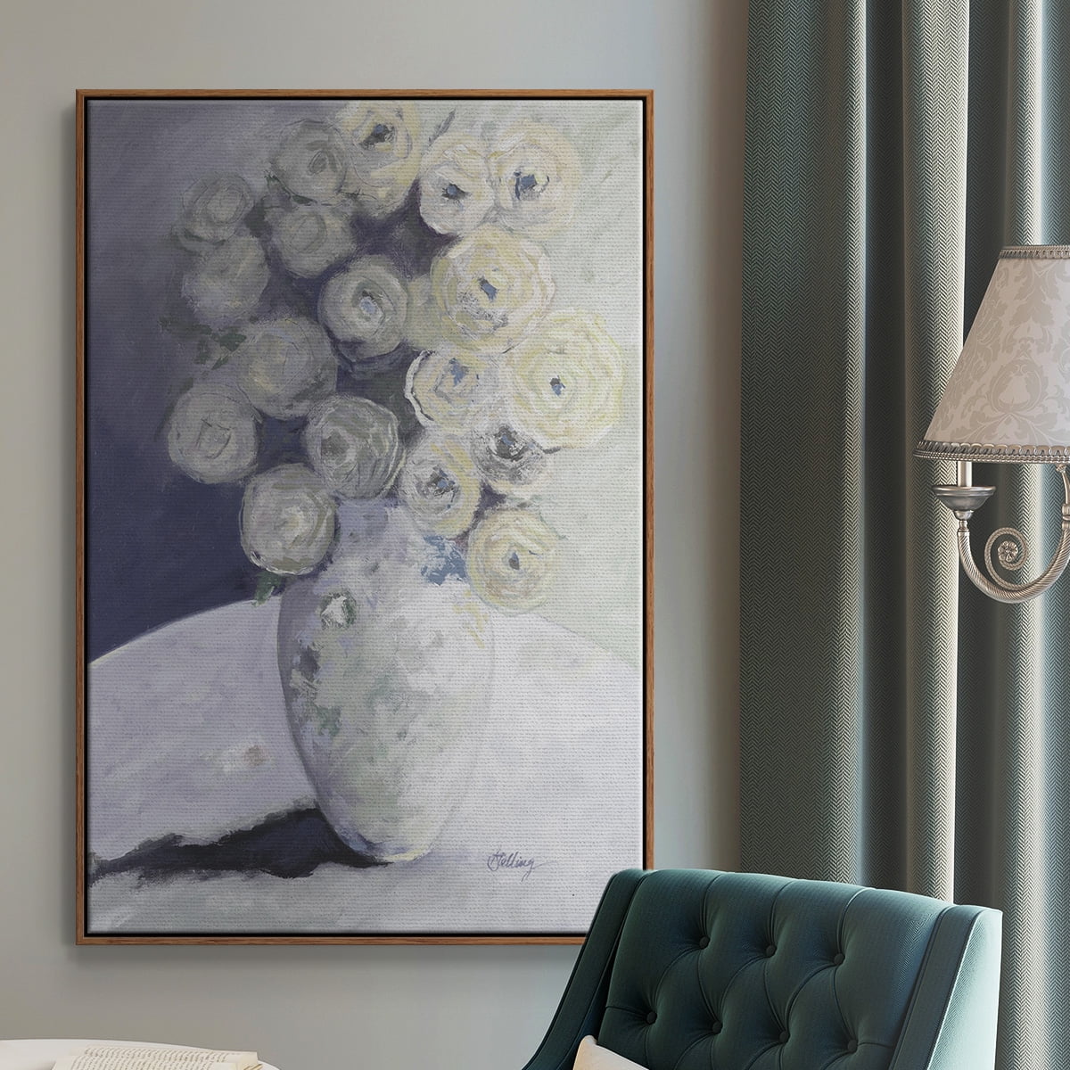 Green Vase with Yellow Flowers Framed Premium Gallery Wrapped Canvas - Ready to Hang - 17 x 25 - Walnut Floating Frame