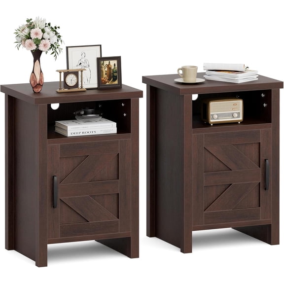 Farmhouse End Tables Set of 2 with Barn Door, Classic Brown | Rustic Nightstand for Bedroom,Living Room